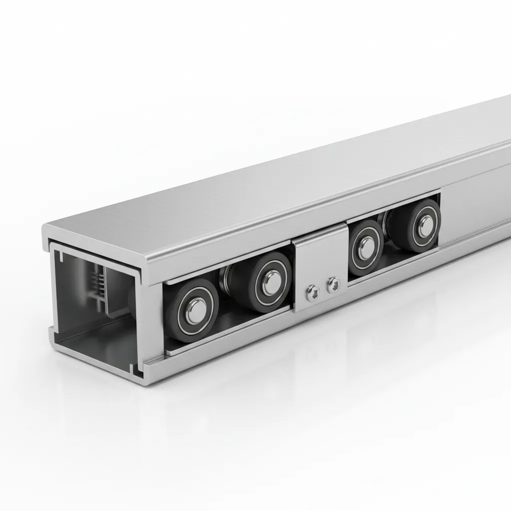Close-up of aluminum sliding door track and roller system