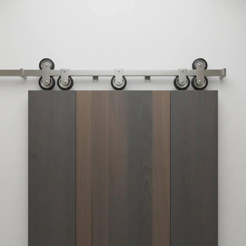 close view of sliding door track and roller hardware