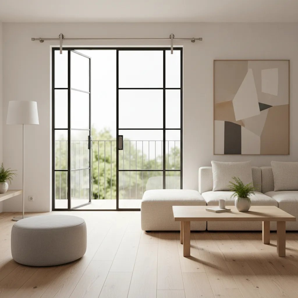 Modern sliding double doors saving space in a compact living room