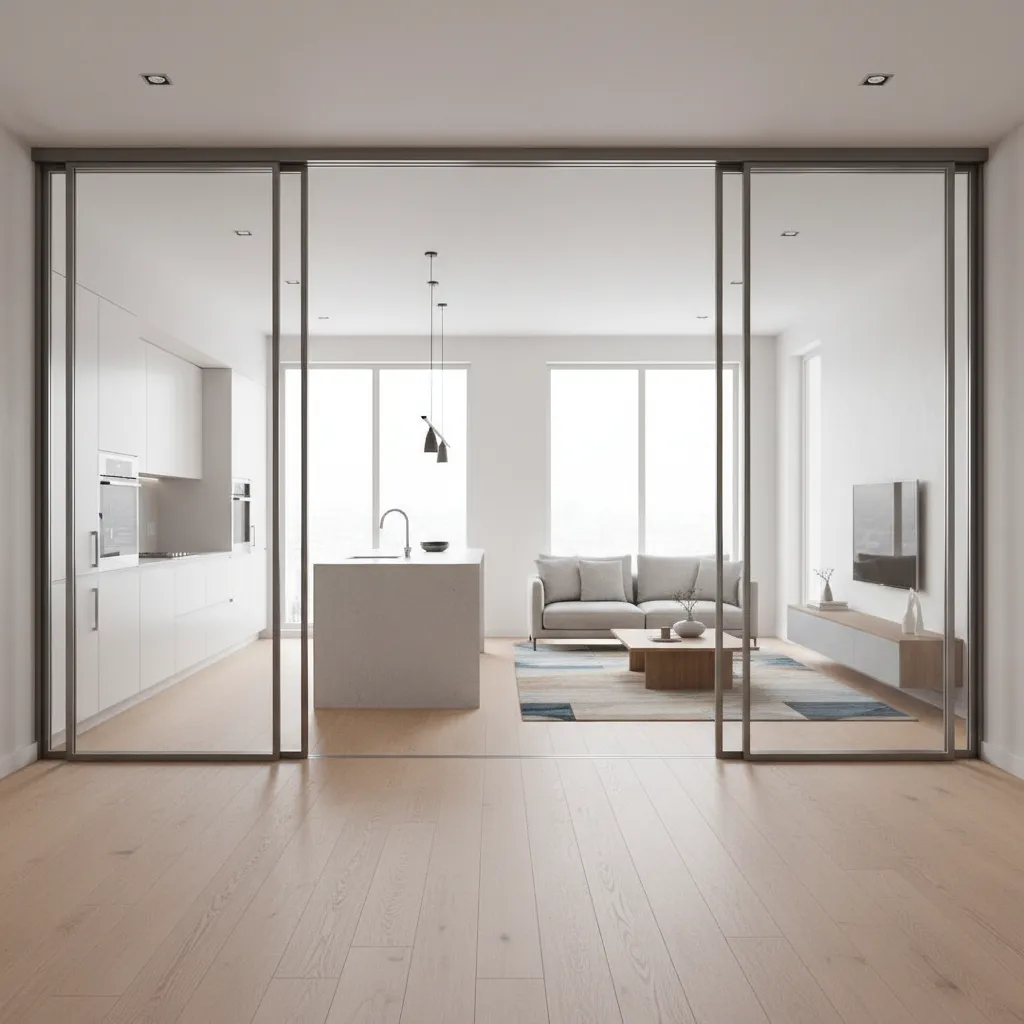 Modern sliding double doors separating kitchen and living room in small home