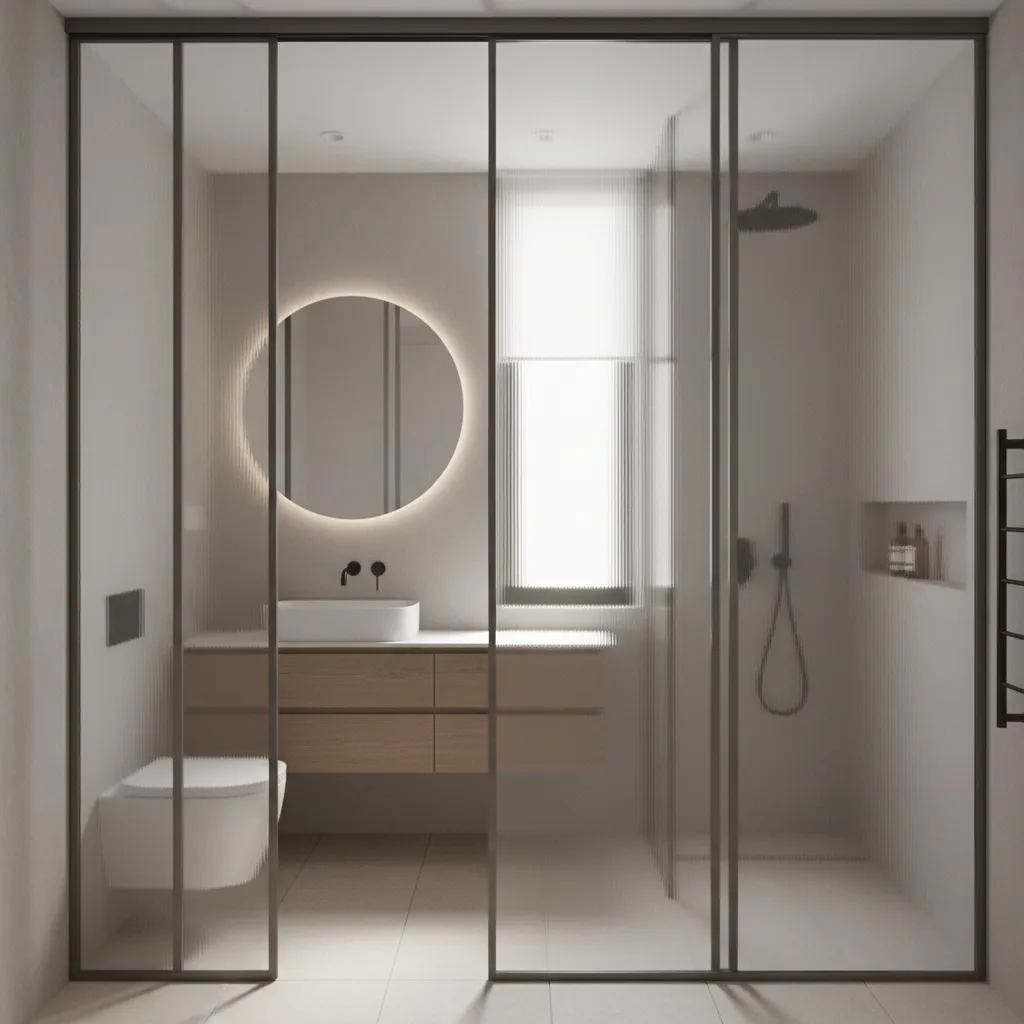 compact bathroom with sliding fiber door solution