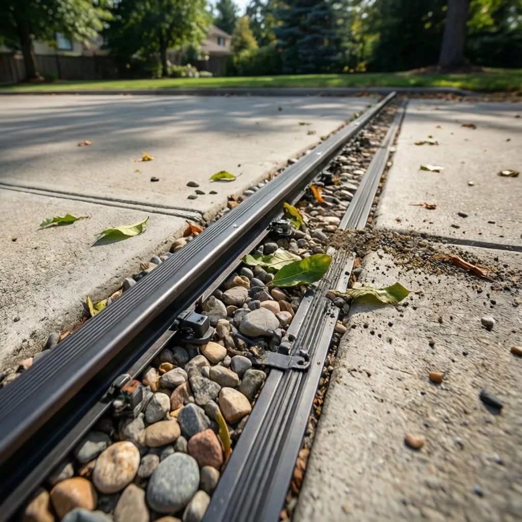 Residential sliding gate track with debris being cleaned