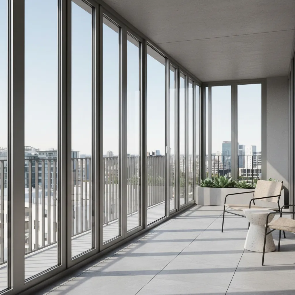 sliding glass panels installed on a modern apartment balcony