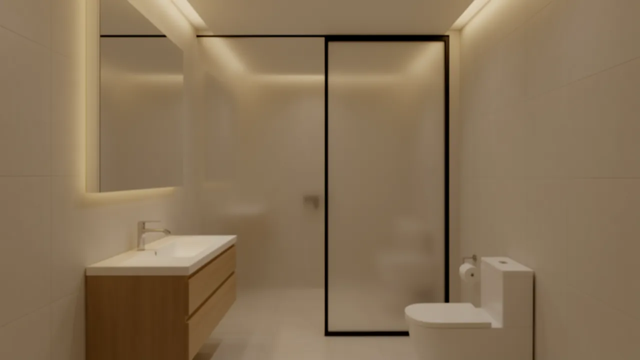 Small bathroom with sliding frosted glass partition
