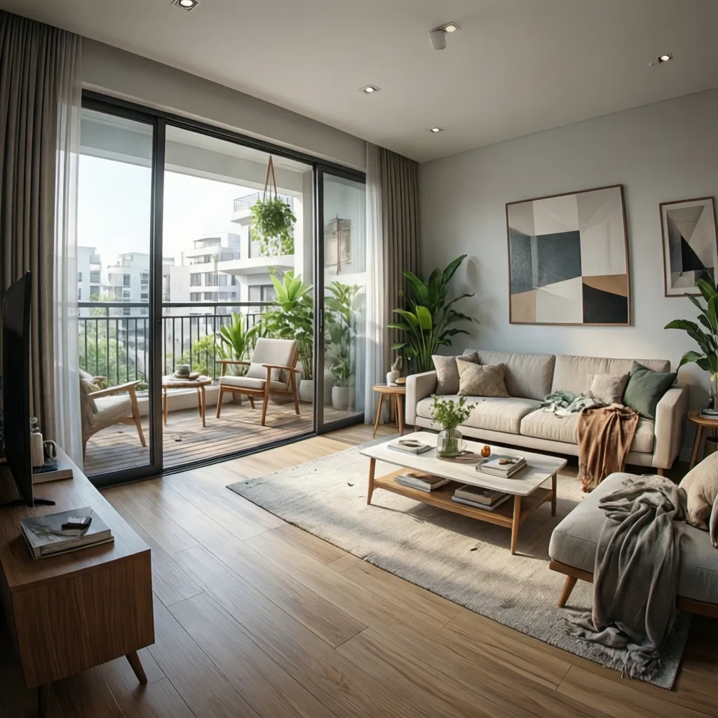 Modern Indian apartment drawing room with sliding glass doors to balcony