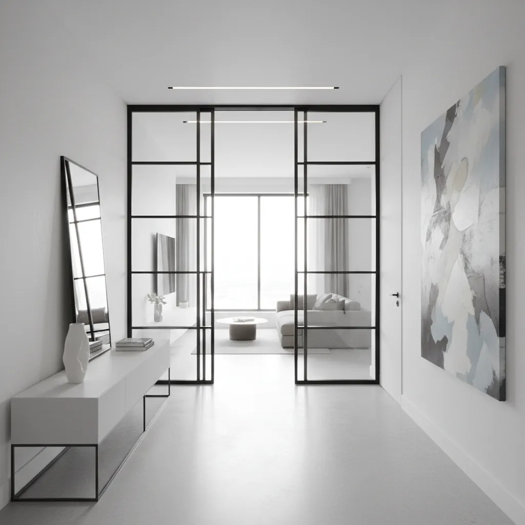 Sliding glass door separating foyer and hall