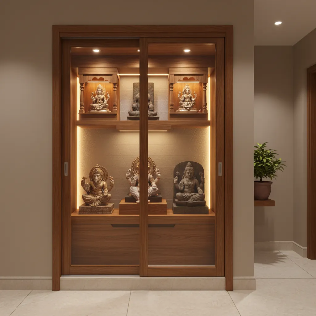sliding glass door pooja unit designed for a small apartment