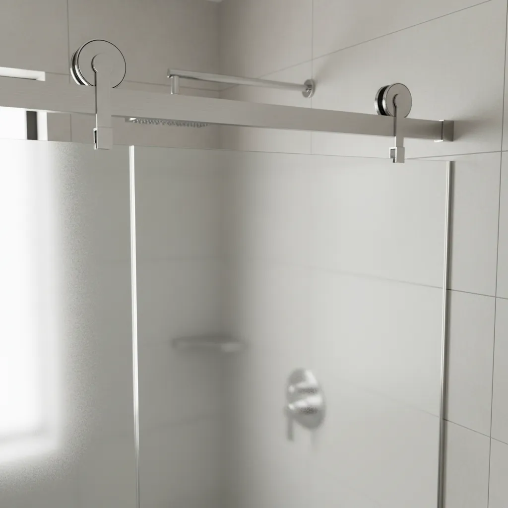 bathroom sliding frosted glass door track and roller mechanism detail