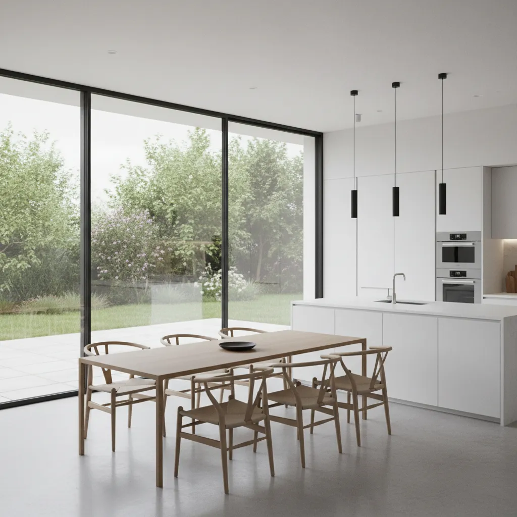 Modern kitchen with large sliding glass door beside dining area leading to patio