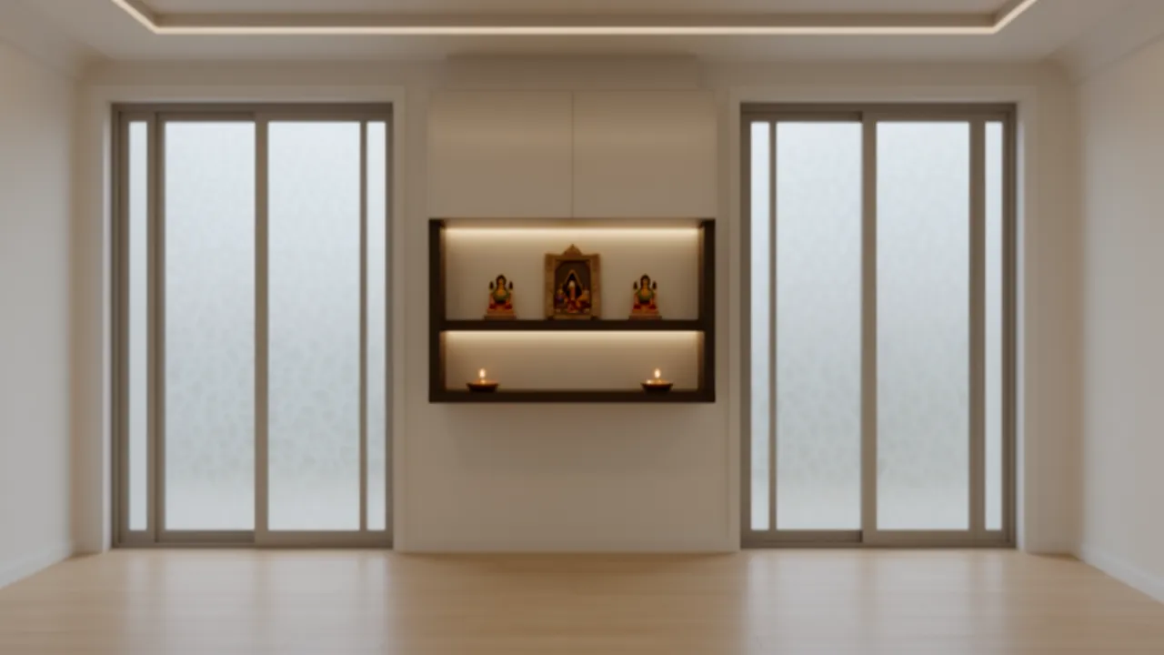 sliding glass pooja door design in compact apartment wall niche
