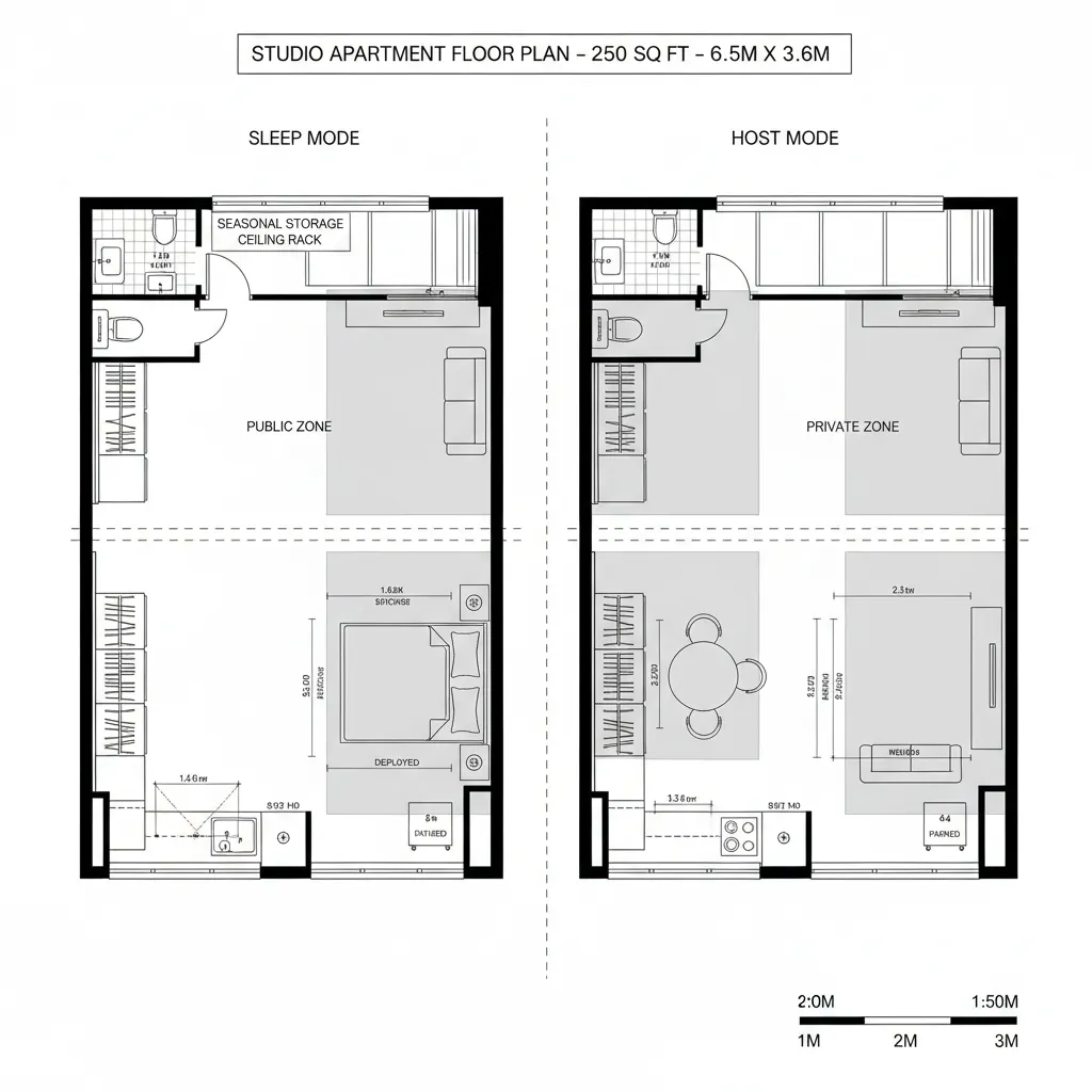 Studio apartment floor plan showing sleep mode versus host mode layout for a small home