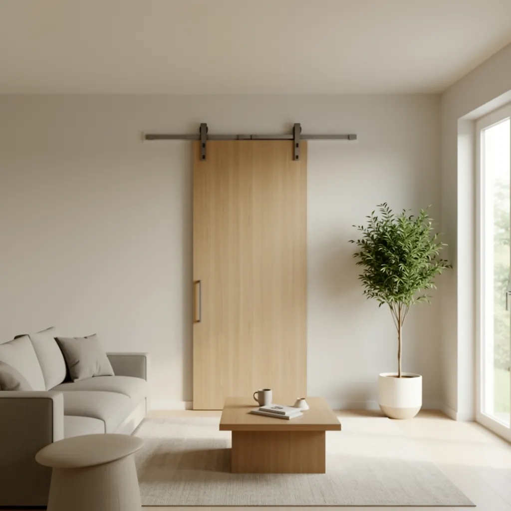Sliding hidden bathroom door system in small apartment layout