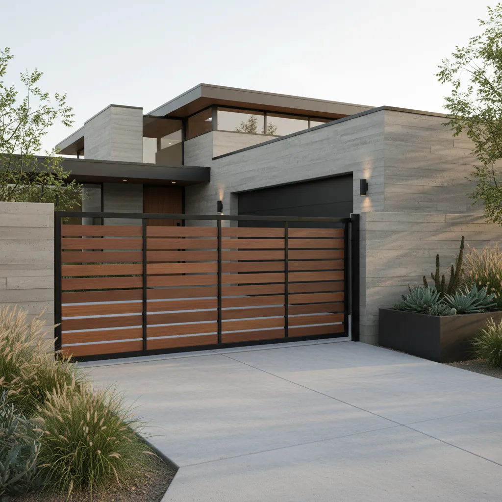 Portón corredizo moderno en la entrada de una casa