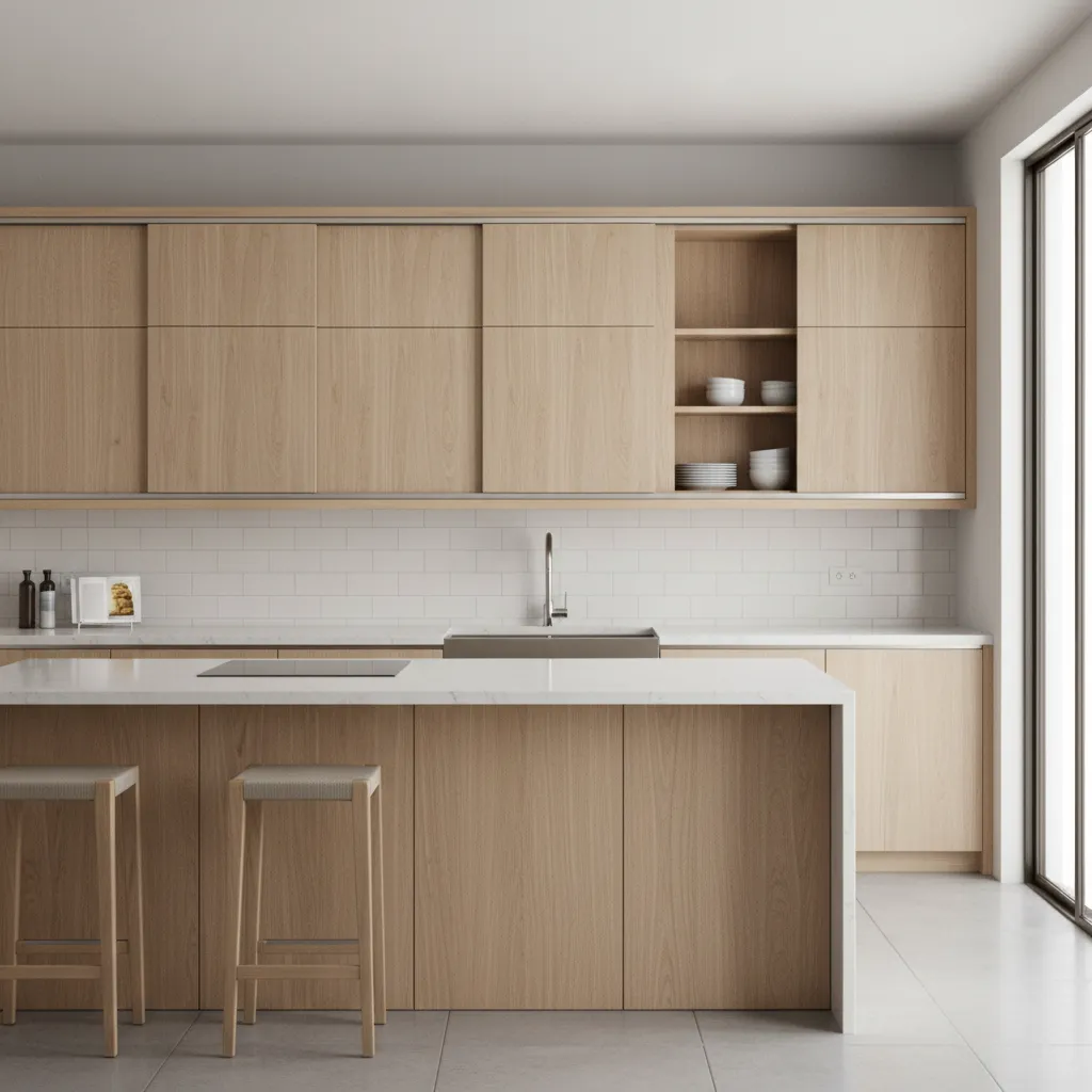 modern kitchen cabinets with horizontal sliding door panels on metal tracks