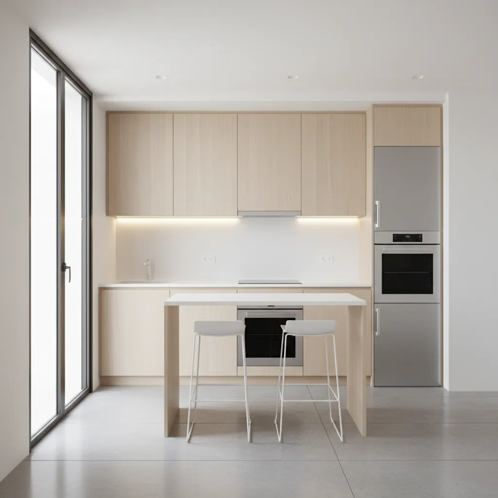 Compact kitchen with sliding glass door saving space