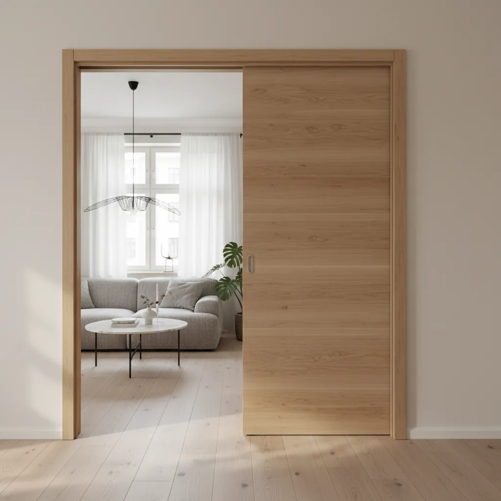 Puerta corredera moderna de madera clara en apartamento contemporáneo