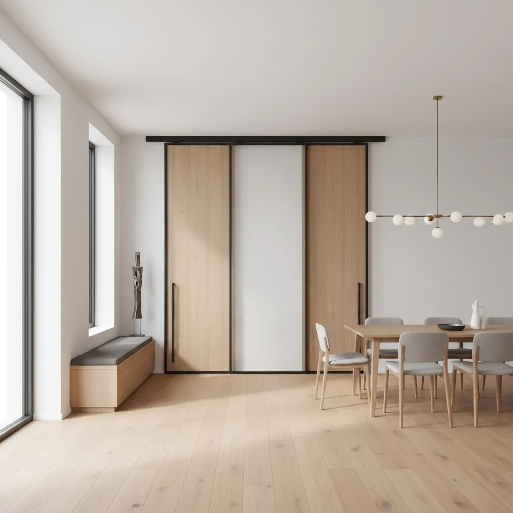 Sliding panel partition separating hall and dining area in modern apartment