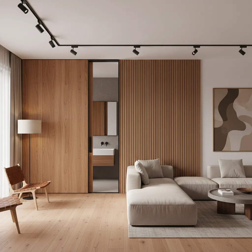 wood sliding wall panel revealing a hidden bathroom door in living room