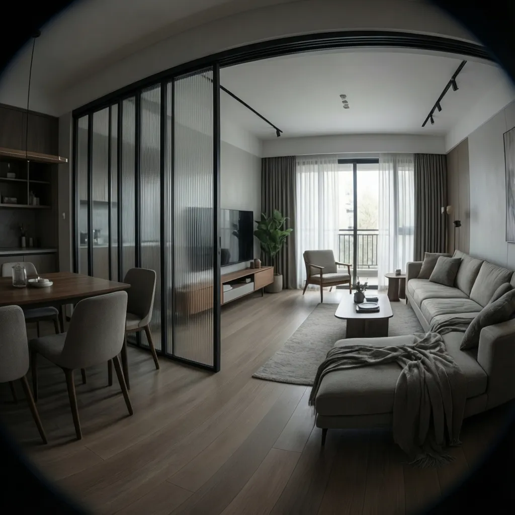 modern sliding panel room divider separating dining area and living room