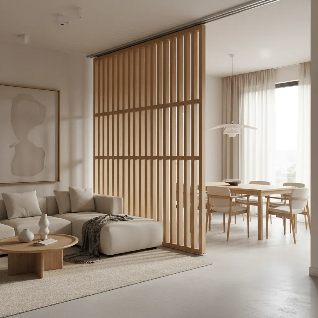 modern sliding panel room divider separating living and dining areas