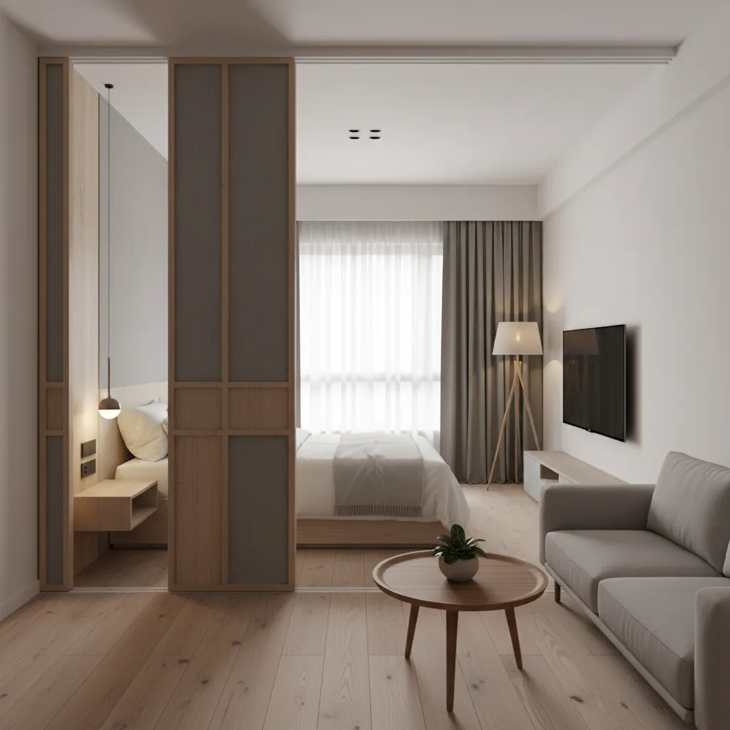 Sliding partition panels separating bedroom and living area in studio apartment