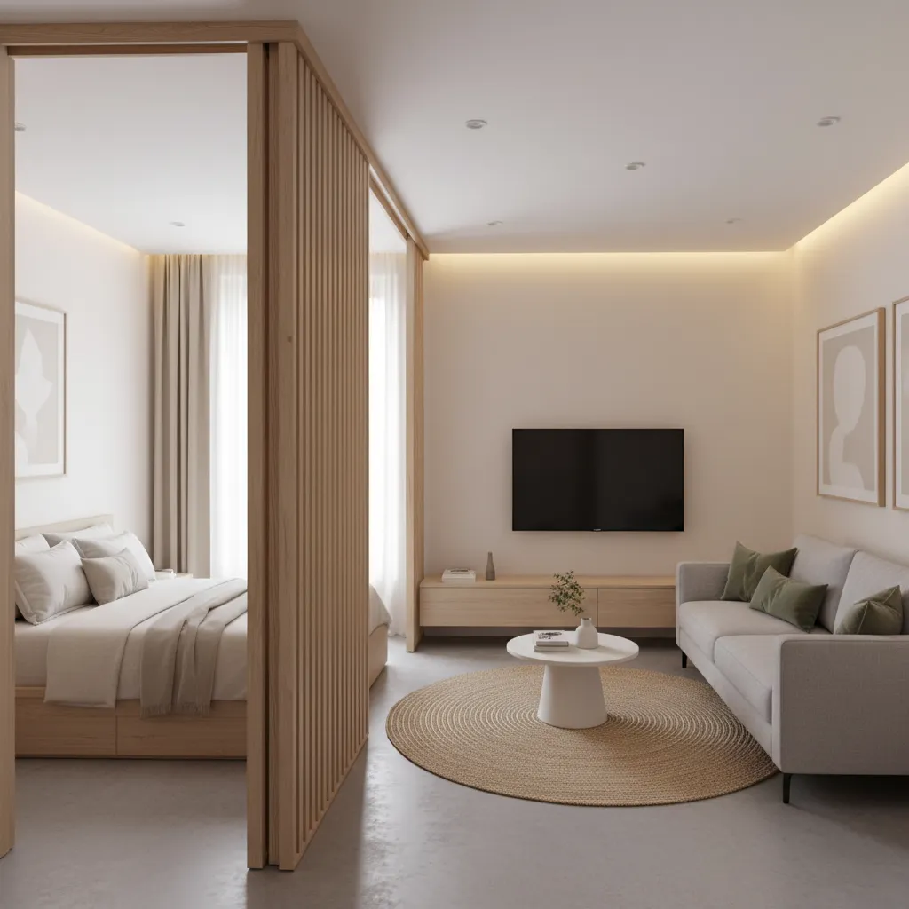 Modern 1 BHK apartment with sliding partition separating living room and bedroom