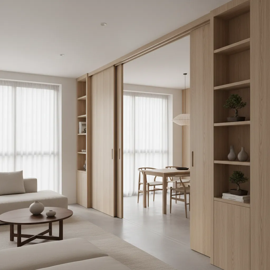 Apartamento con paneles deslizantes que permiten cambiar la distribución del espacio