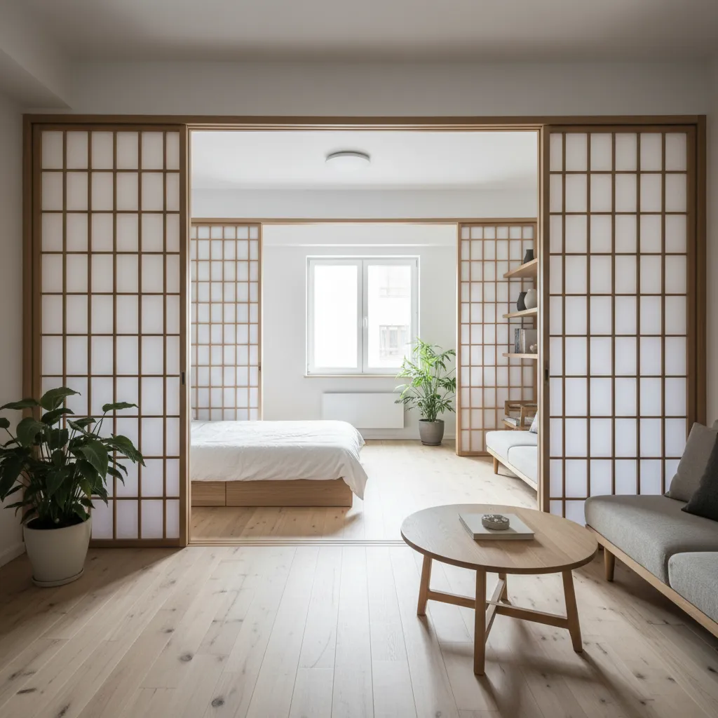 Apartamento pequeño con paneles deslizantes para dividir espacios