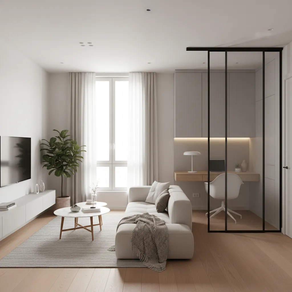 sliding glass partition separating living and workspace in small apartment