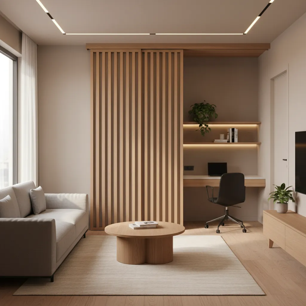 Wood slat sliding partition dividing living and workspace in a small apartment