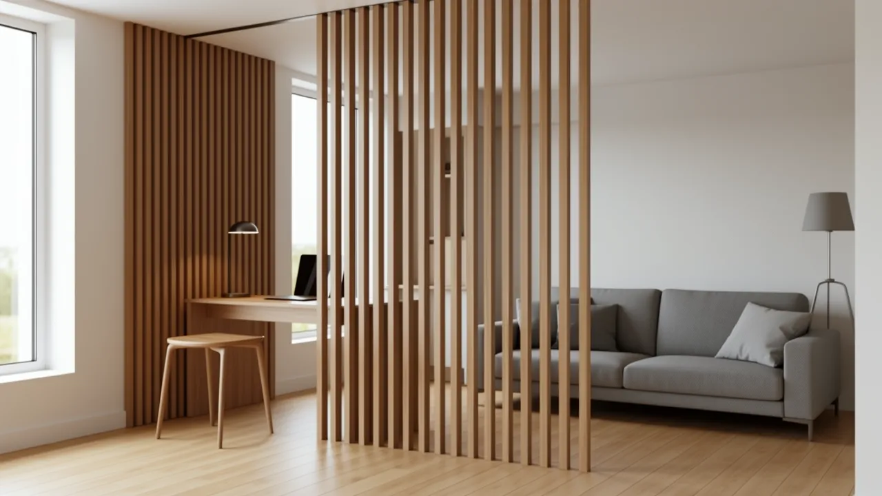 Sliding partition separating workspace and living room in a small apartment