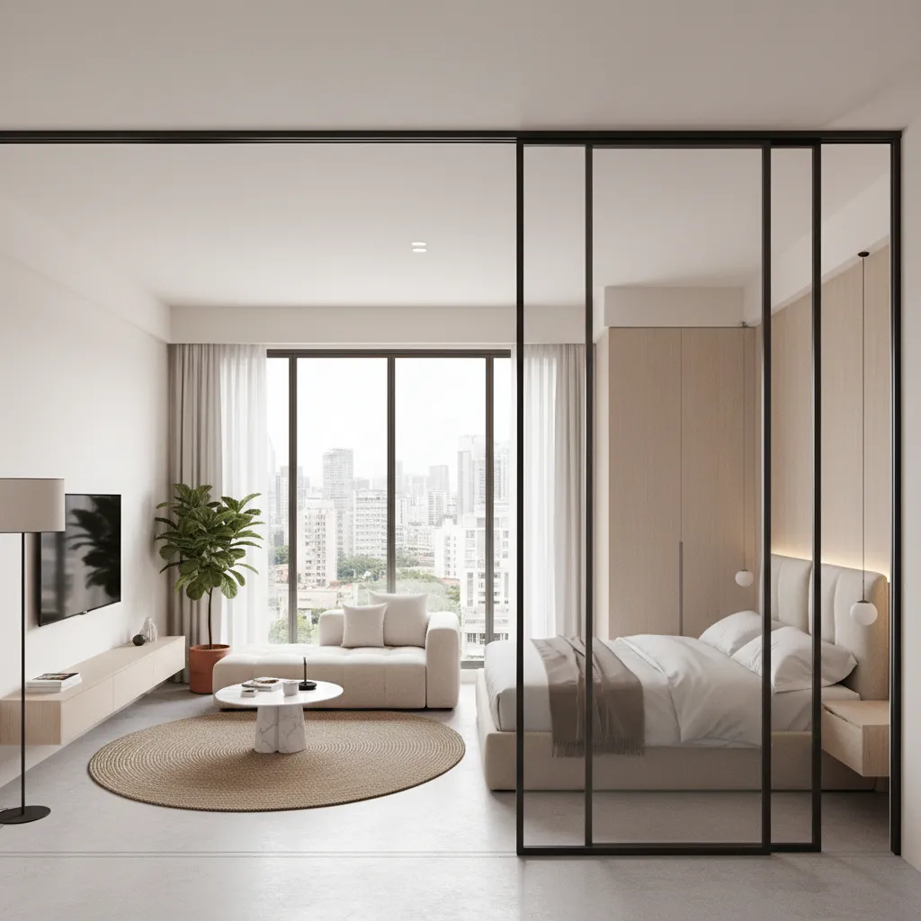 sliding glass partition separating living room and bedroom in small apartment