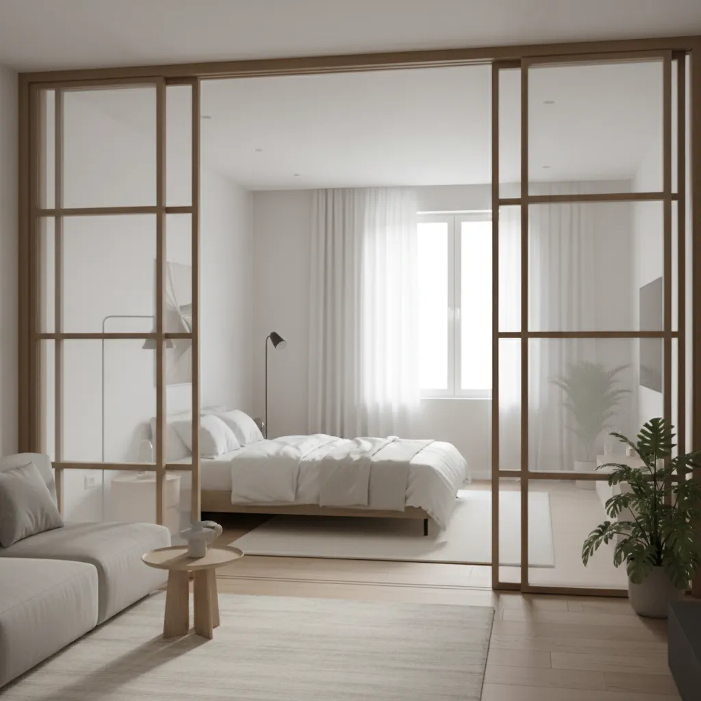 Sliding partition separating bedroom and living space in a small apartment