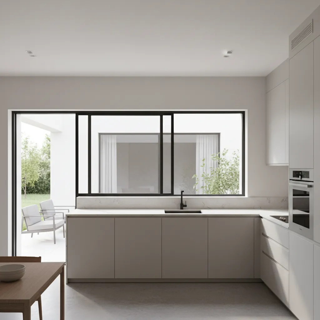 Modern kitchen with horizontal sliding pass through window above serving counter