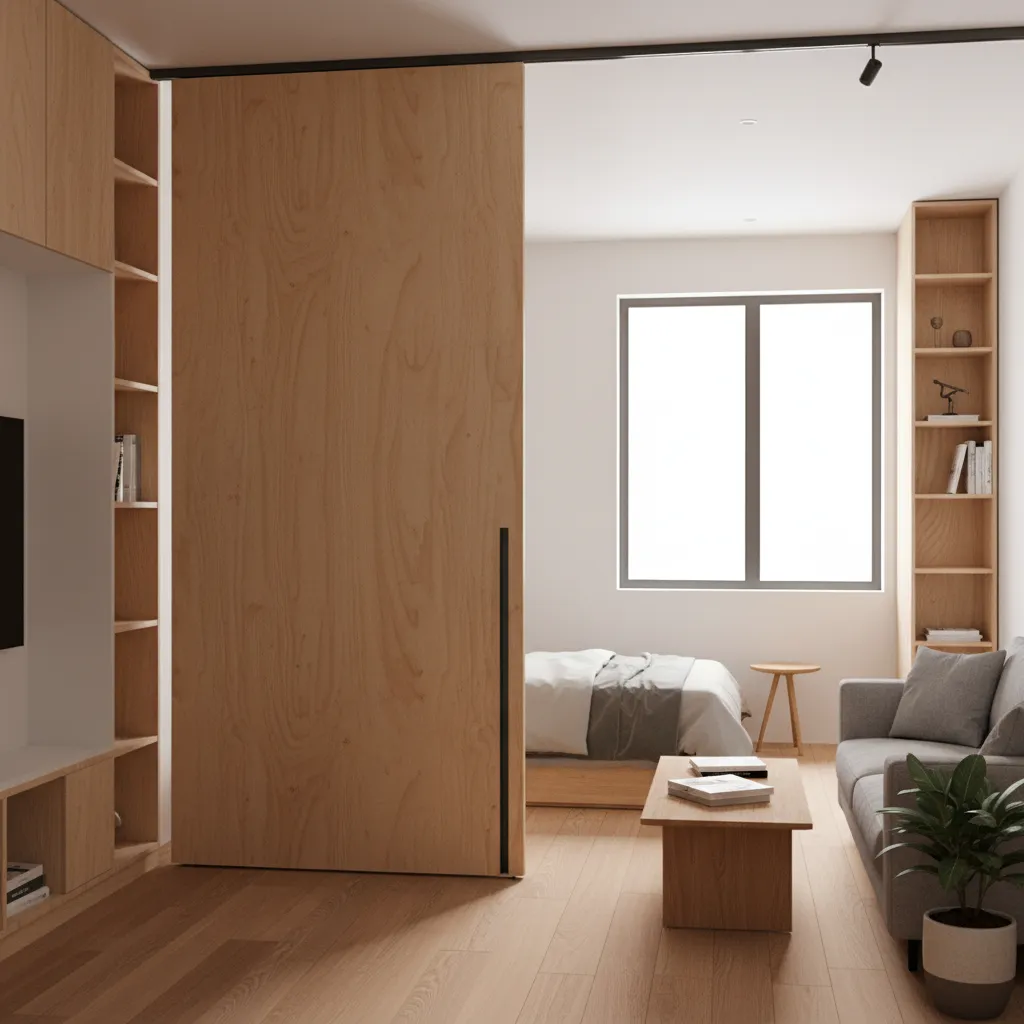 Sliding plywood partition panel separating bedroom and living room