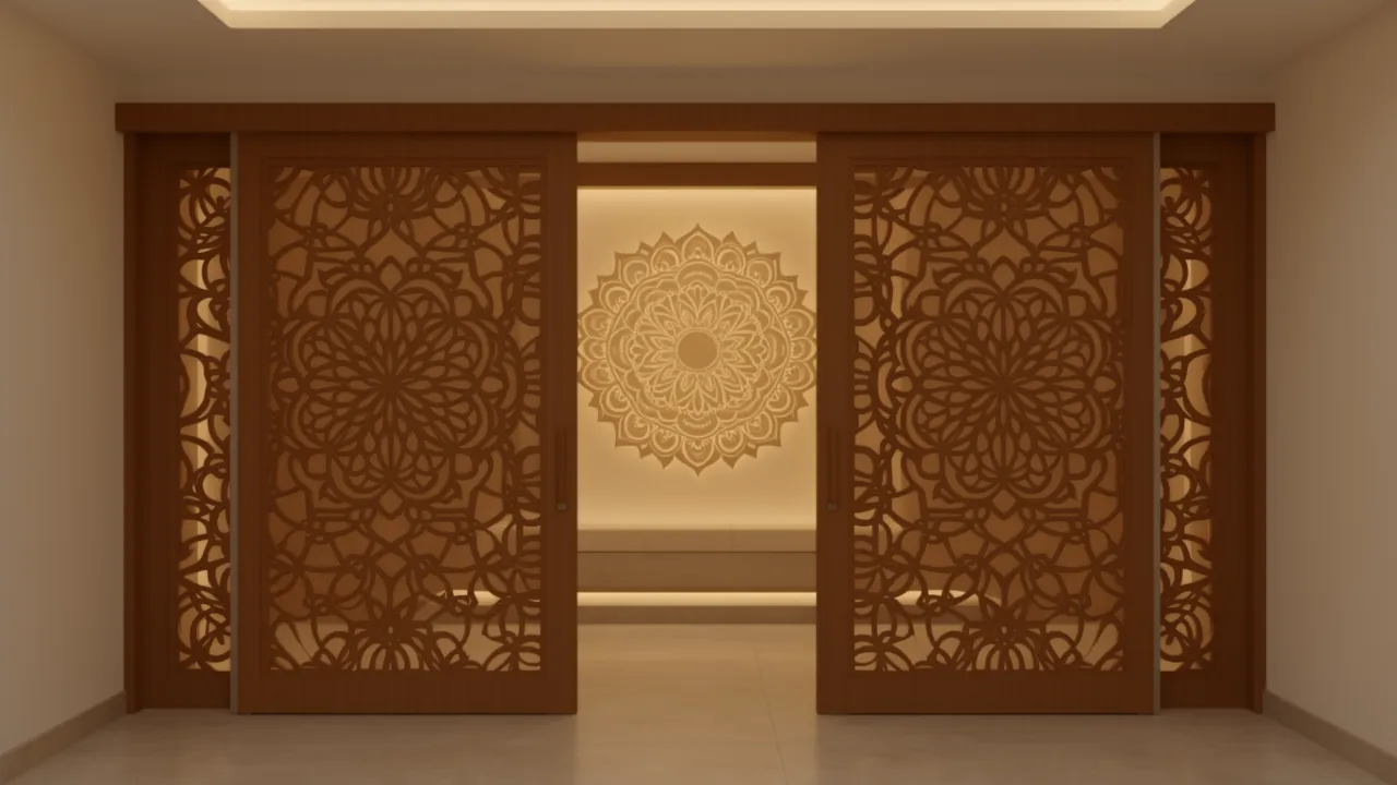 Wooden sliding pooja unit doors with decorative laser cut patterns