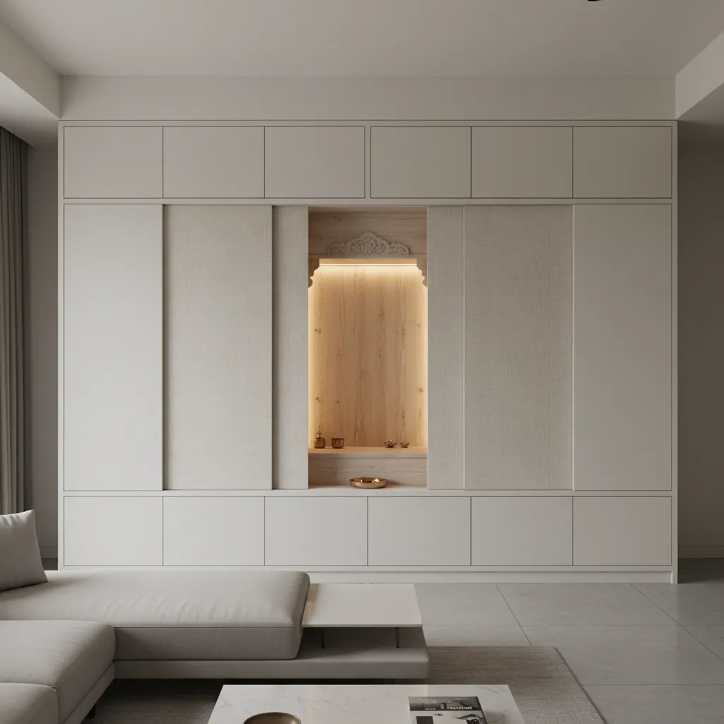 Modern sliding curtain panels covering a built in mandir cabinet