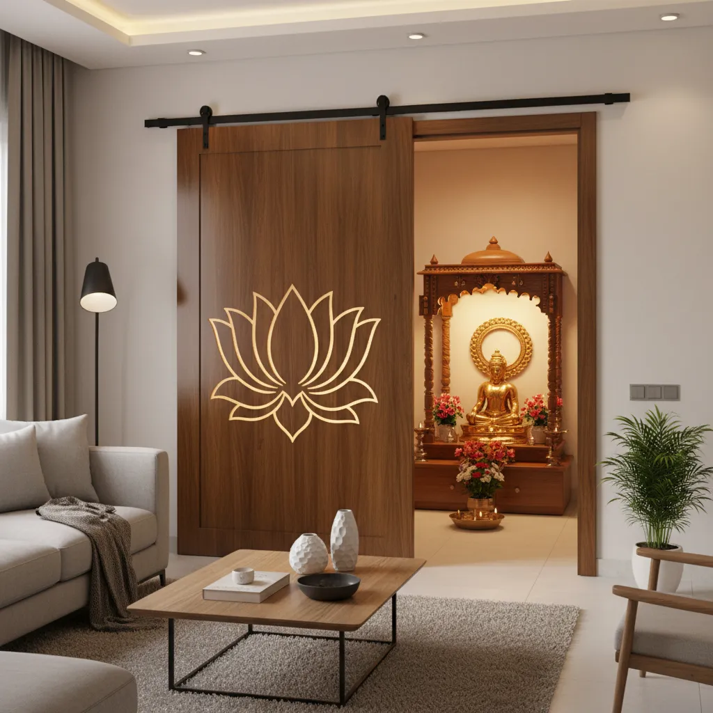 Sliding wooden pooja room door with laser cut spiritual pattern