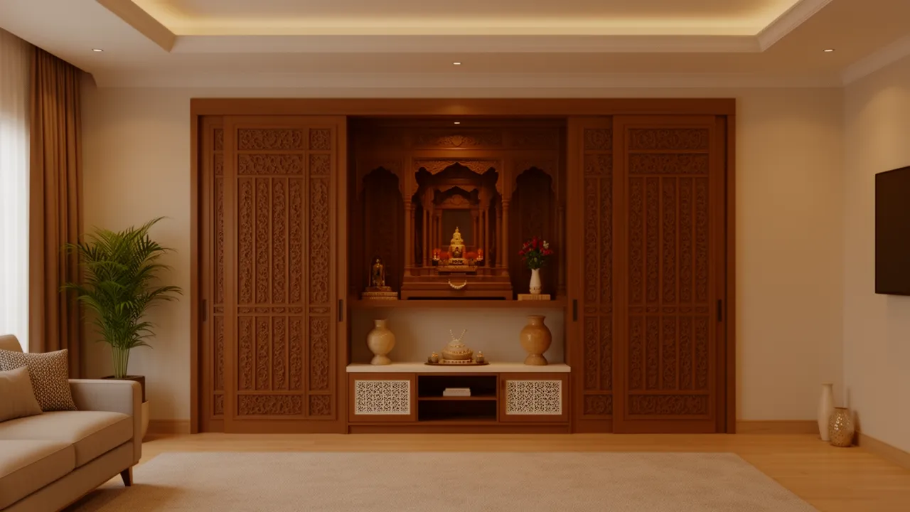 Sliding carved pooja room door integrated into a living room wall unit