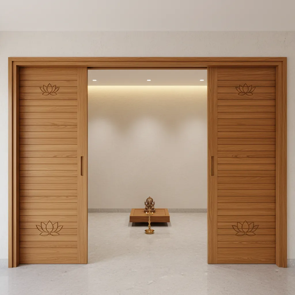 Sliding wooden pooja room door design for modern Kerala apartment
