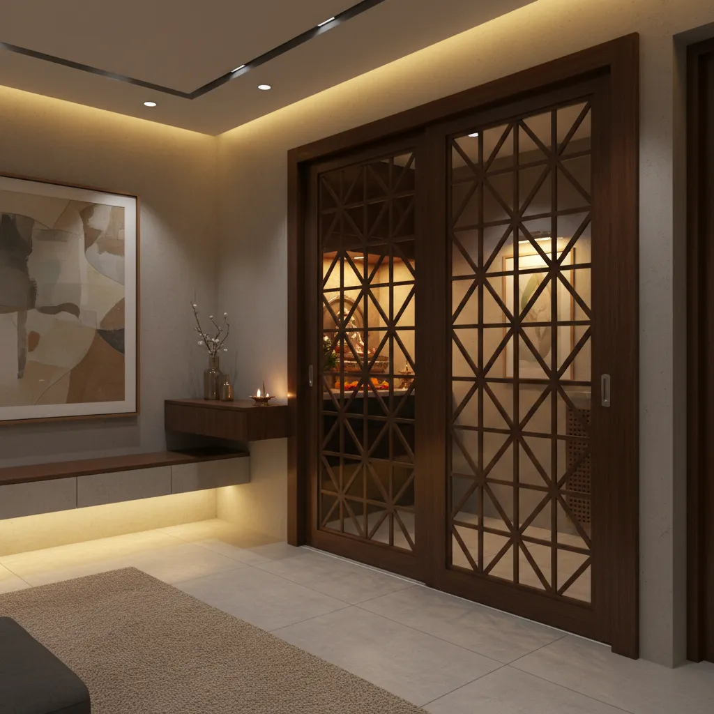 wooden sliding pooja room door with geometric cut pattern