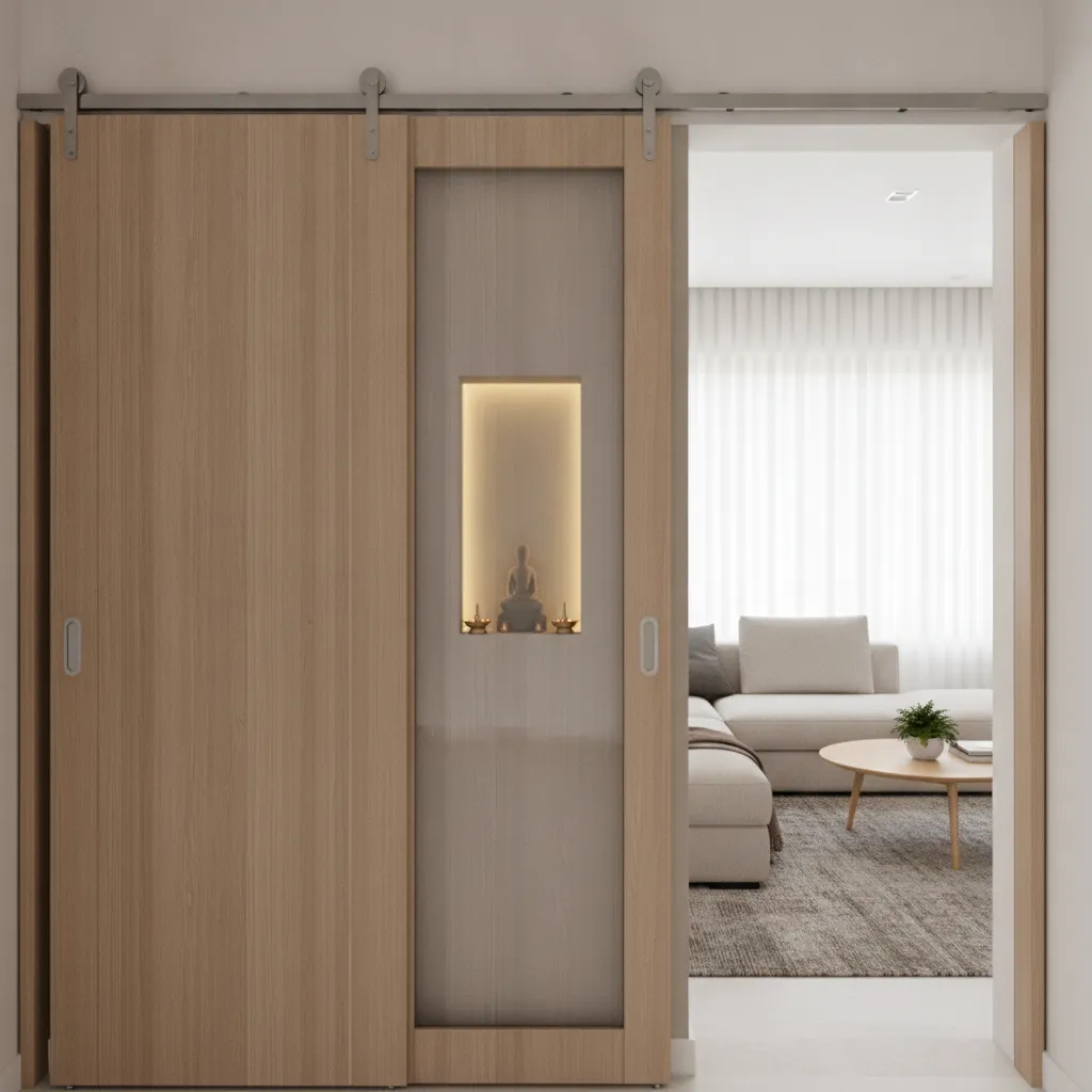 space saving sliding pooja room door in a modern apartment