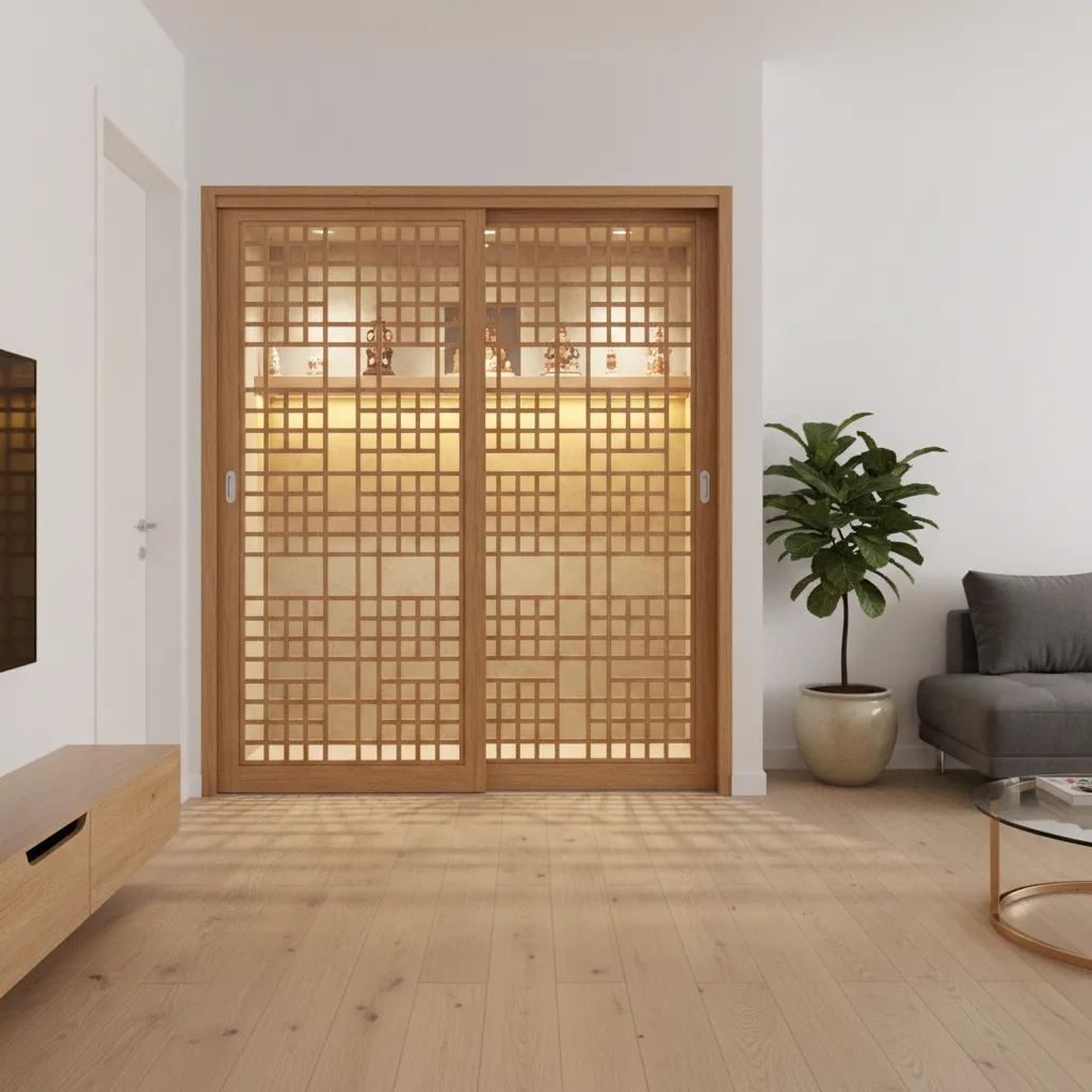 space saving sliding pooja room door with wooden jaali pattern