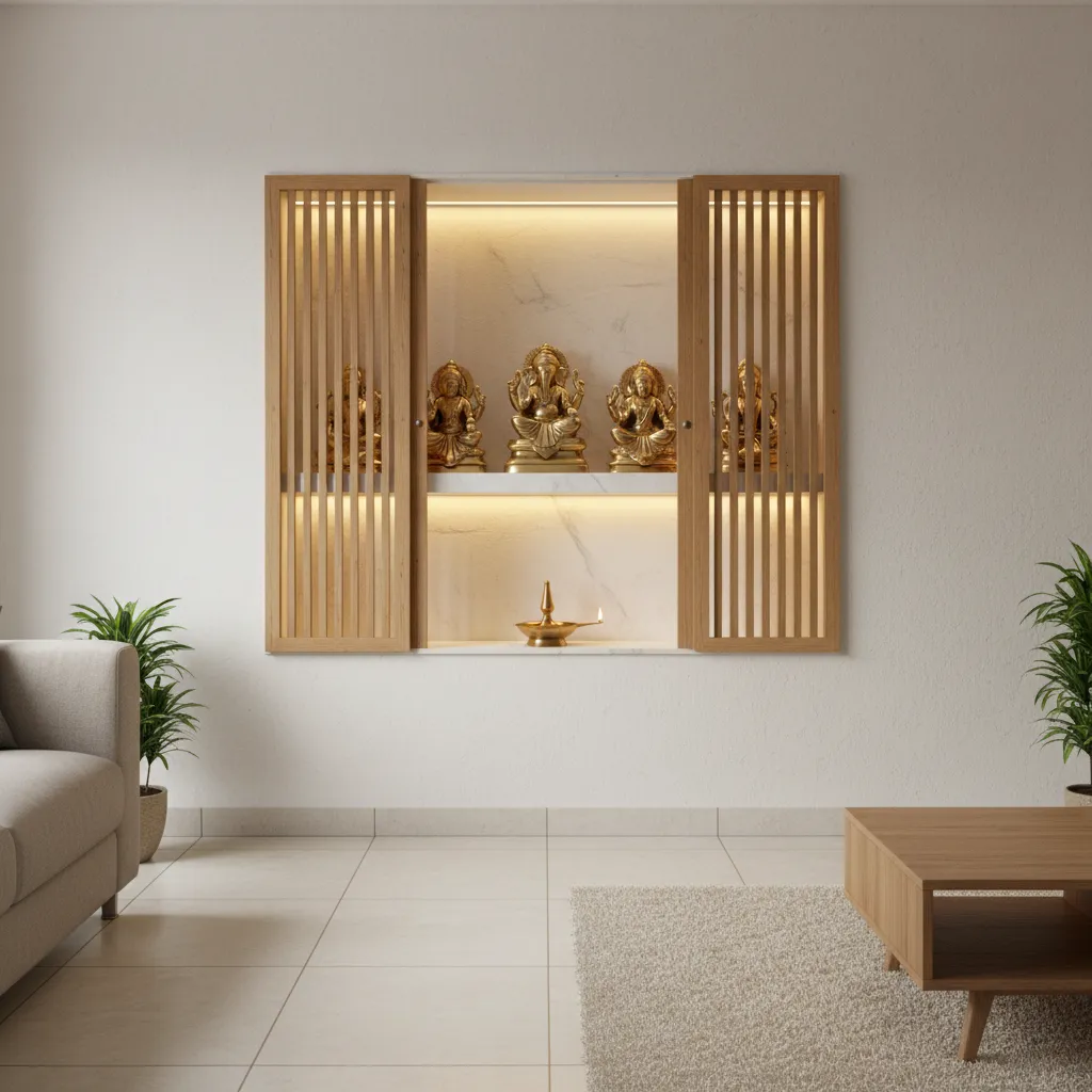 sliding wooden pooja room gate integrated into wall niche