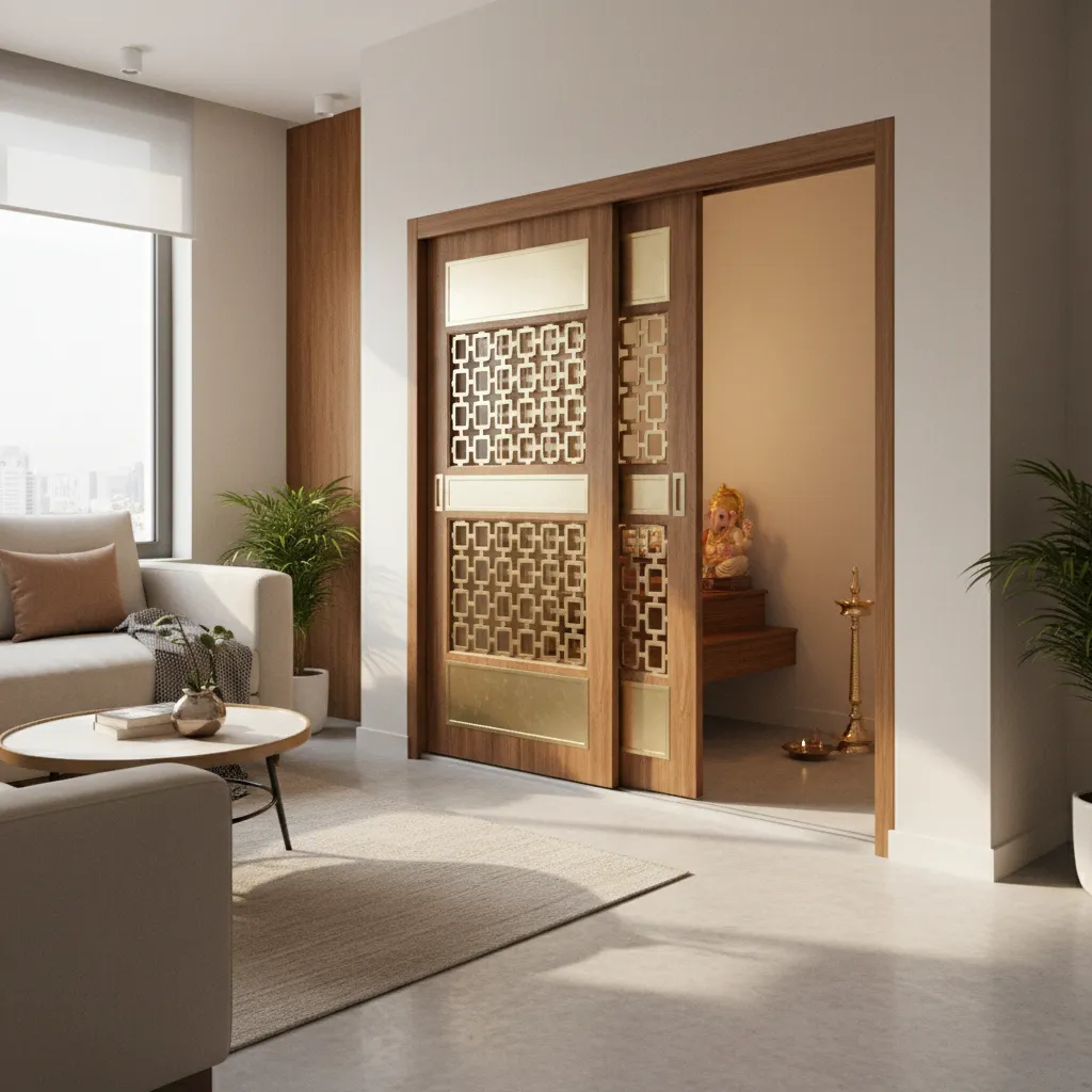 Sliding gate design used in a compact apartment puja room