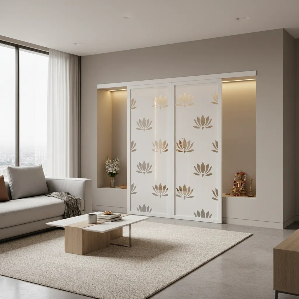 Sliding PVC pooja door design in a modern living room wall niche