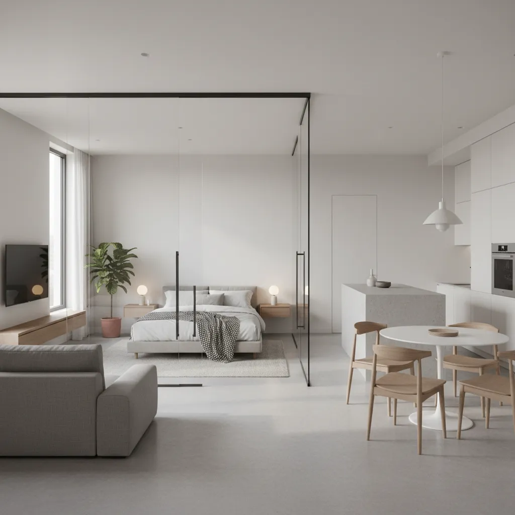 Open plan apartment with sliding glass divider doors separating bedroom area