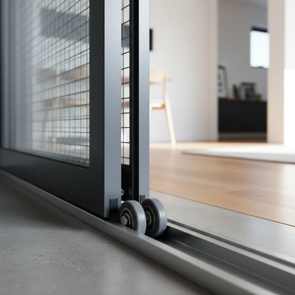 Sliding security door roller mechanism moving along metal track