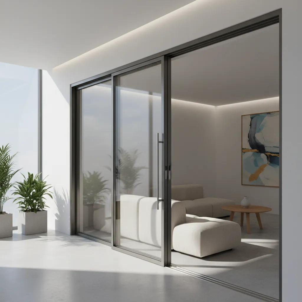 Close view of sliding security door panels moving along metal track system