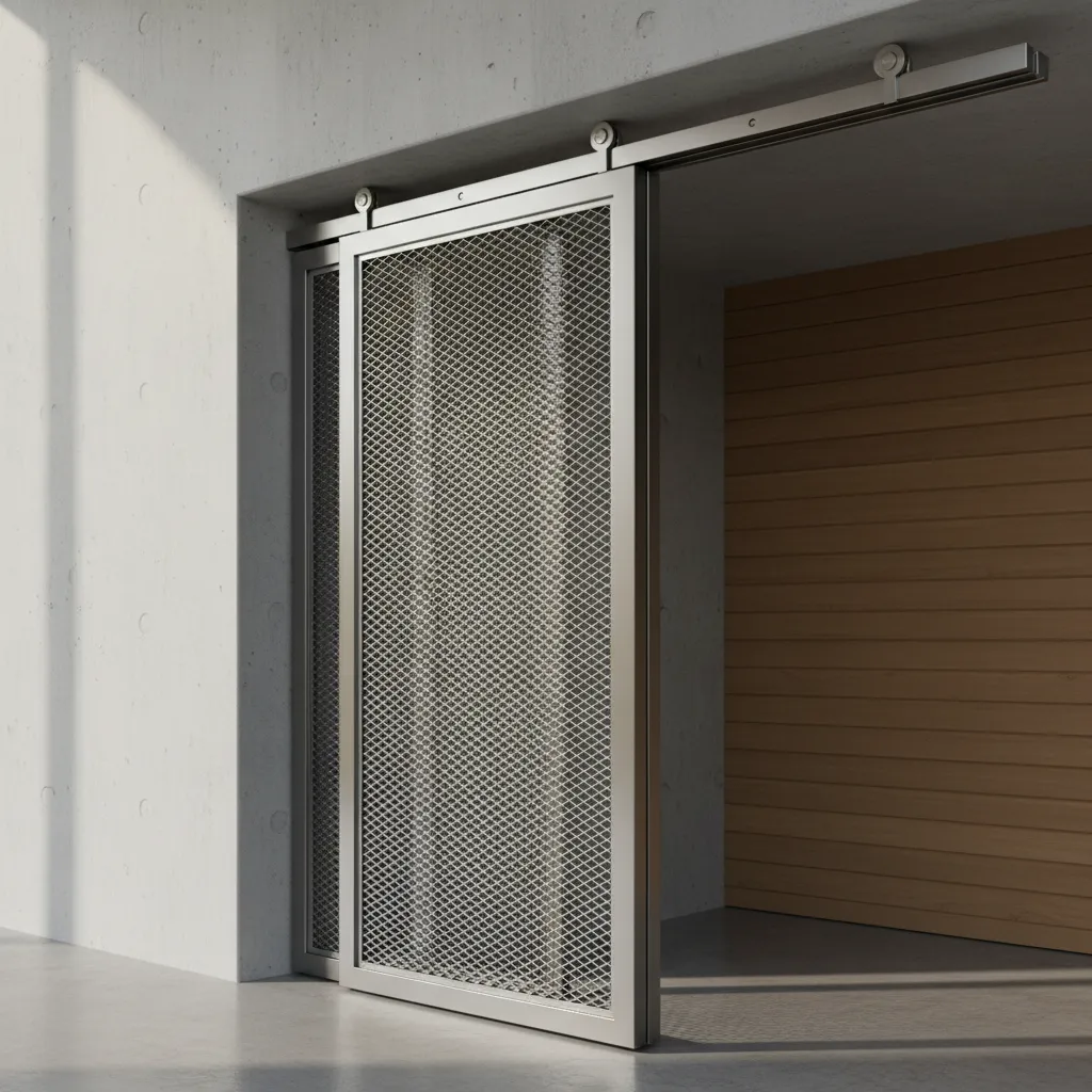 Sliding security door showing wall track system and movement direction